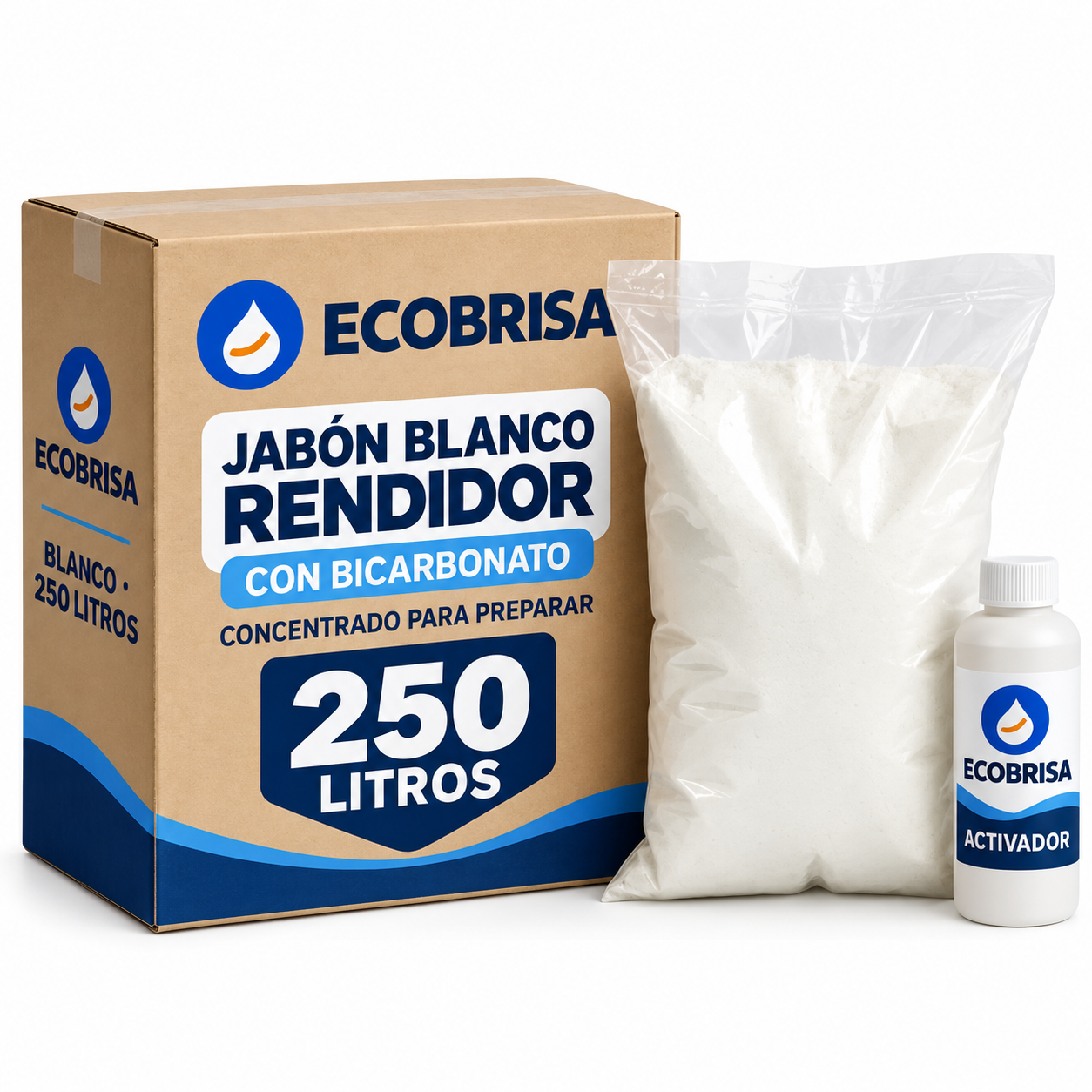 Kit Ecobrisa de jabón blanco con bicarbonato para 250 litros: caja, bolsa de polvo y botella de activador.