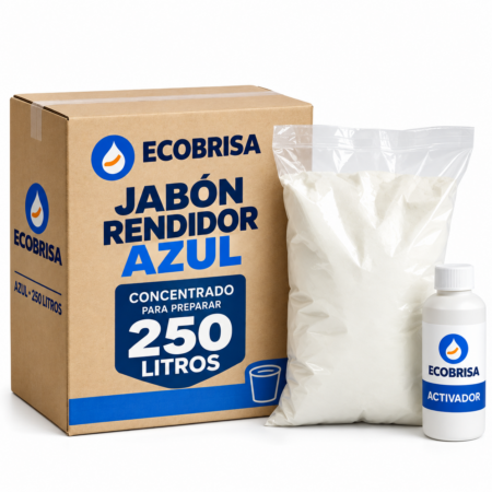 Kit Ecobrisa de jabón rendidor azul para 250 litros: caja, bolsa de polvo y botella de activador.