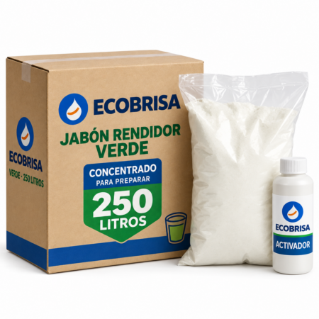 Kit Ecobrisa de jabón rendidor verde para 250 litros: caja, bolsa de polvo y botella de activador.